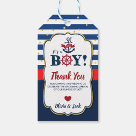 Marine rood nautisch Ahoy het is een jongen babyfe Cadeaulabel