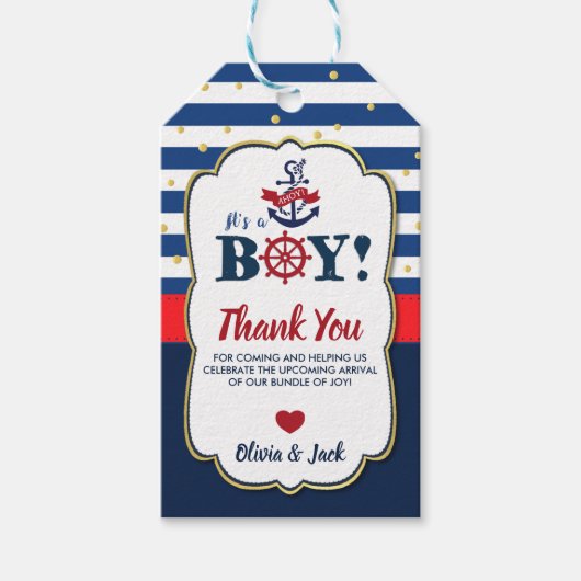 Marine rood nautisch Ahoy het is een jongen babyfe Cadeaulabel (Voorkant)
