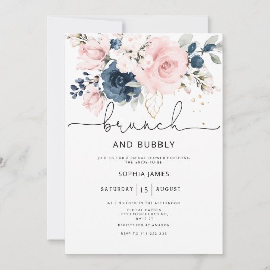 Marine roze bloemen brunch en bubbelige bruids-sho kaart (Voorkant)