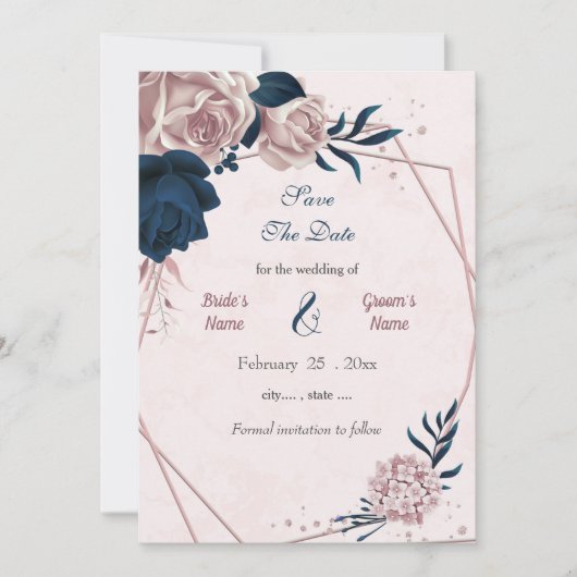 Marine & roze bloemen geometrisch save the date (Voorkant)