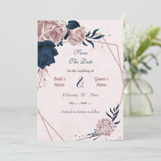 Marine & roze bloemen geometrisch save the date (Staand voorkant)