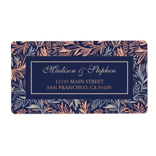 Marine & Roze Bloemen & Plant Patroon - Bruiloft Etiket (Voorkant)