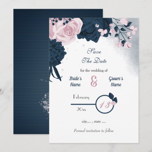 Marine & roze bloemen romantisch save the date (Voorkant / Achterkant)