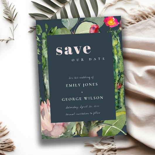 MARINE ROZE BLOEMEN WOESTIJN CACTUS LOOF Aquarel Save The Date