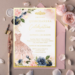 Marine Roze Bloemenkroon Jurk Elegante Quinceanera Folie Uitnodiging