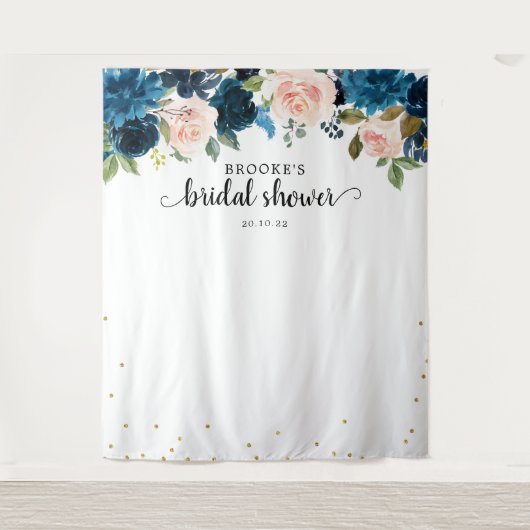 Marine Roze Bloemige Bruiloftsshower Foto Achtergr Wandkleed (Voorkant)