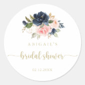 Marine Roze Bloemige Gouden Trouwfeest Favor   Ronde Sticker (Voorkant)