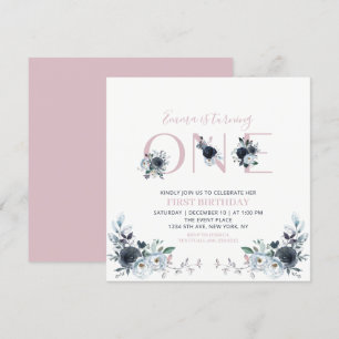 Marine & Roze Boho Bloem Meisje 1e Verjaardag Vier Kaart