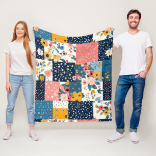 Marine Roze Cottagecore Bloemige Patchwork Fleece Deken