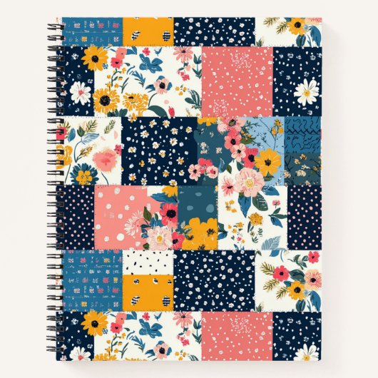 Marine Roze Cottagecore Bloemige Patchwork Notitieboek (Voorkant)