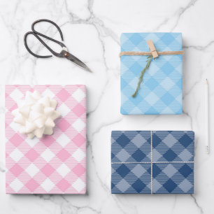 Marine, Roze en Blauw Plaid Inpakpapier Vel