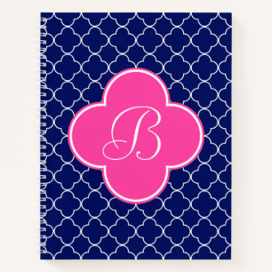 Marine Roze en Witte Quatrefoil Monogram Notitieboek