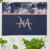 Marine & Roze Goud Marmer Monogram Elegante Luxe Theedoek (Gevouwen)