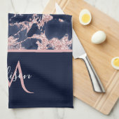 Marine & Roze Goud Marmer Monogram Elegante Luxe Theedoek (Quarter Fold)