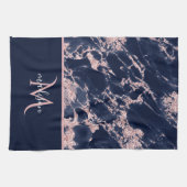 Marine & Roze Goud Marmer Monogram Elegante Luxe Theedoek (Horizontaal)