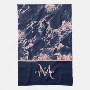 Marine & Roze Goud Marmer Monogram Elegante Luxe Theedoek