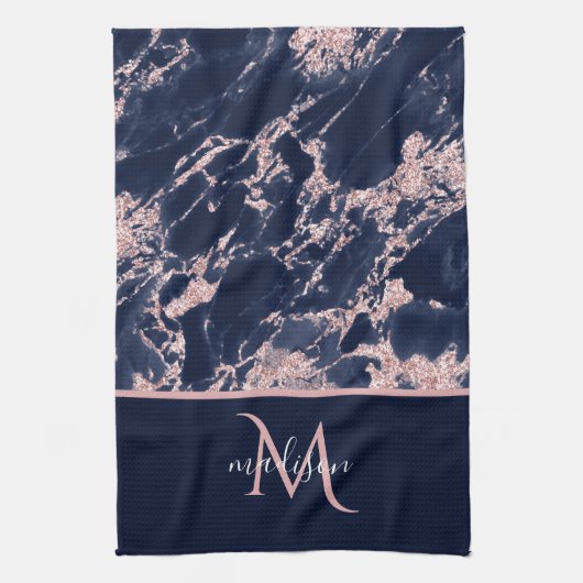 Marine & Roze Goud Marmer Monogram Elegante Luxe Theedoek (Verticaal)