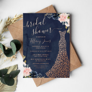 Marine Roze Gouden Bloemen Jurk Bruidsmeisjesfeest Folie Uitnodiging