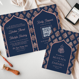 Marine Roze Gouden Damast Boog QR Code Moslim Trou