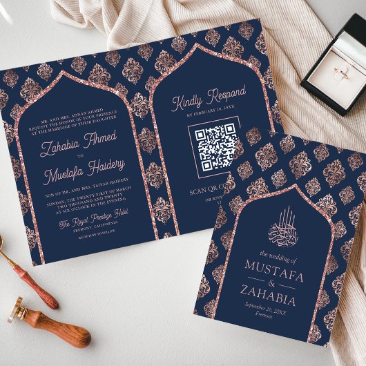 Marine Roze Gouden Damast Boog QR Code Moslim Trou