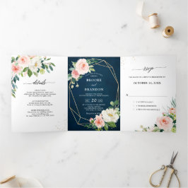 Marine Roze Mooie Roze Bloemige Botanische Bruilof Drieluik Aankondiging