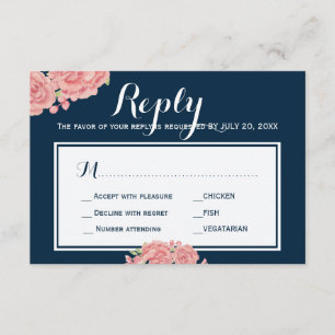 Marine roze pioen bruiloft reactie maaltijd keuze  RSVP kaartje