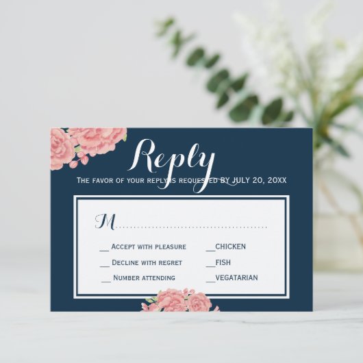 Marine roze pioen bruiloft reactie maaltijd keuze  RSVP kaartje (Staand voorkant)