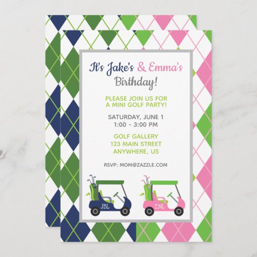 Marine & Roze Split Argyle Golf Feest Uitnodiginge Kaart (Voorkant / Achterkant)
