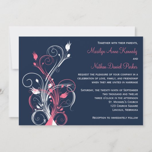 Marine, Roze, Wit Bloemen bruiloft uitnodiging (Achterkant)