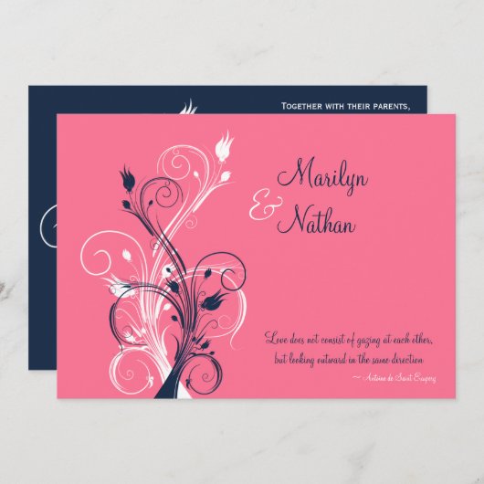 Marine, Roze, Wit Bloemen bruiloft uitnodiging (Voorkant / Achterkant)