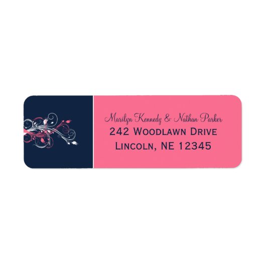 Marine, roze, wit bloemen retour adres label (Voorkant)
