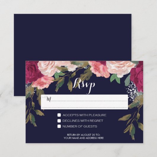 marine RSVP kaart trouw burgundy bloem (Voorkant / Achterkant)