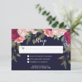 marine RSVP kaart trouwen bordeauxrood bloem (Staand voorkant)
