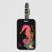 Marine Seahorse Roze Zwart Modern Chique Bagagelabel (Voorkant (verticaal))