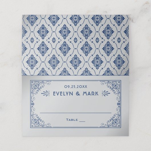  marine Silver Art Deco Wedding Plaatskaartje (Buitenkant ongevouwen)