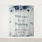 Marine Stofblauw Eucalyptus Welkom Op Onze Bruilof Wandkleed (Voorkant)