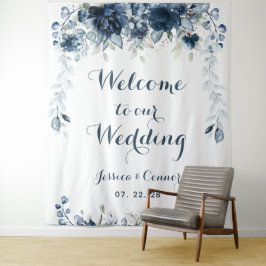 Marine Stofblauw Eucalyptus Welkom Op Onze Bruilof Wandkleed
