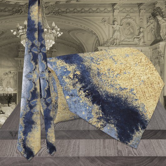 Marine Stofblauw Marmer Gouden Trouw Stropdas