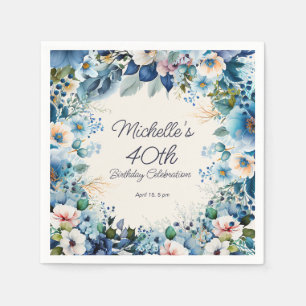 Marine Stofblauw Witte Bloemen 40e Verjaardag Servet