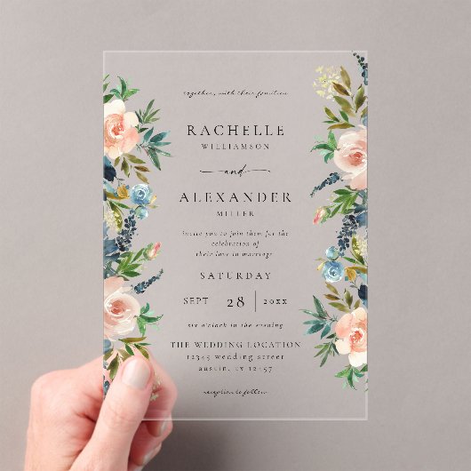 Marine, Stoffelijk Blauw & Roze Bloemen Bruiloft V Acryl Uitnodigingen (Insitu (Draagbaar))