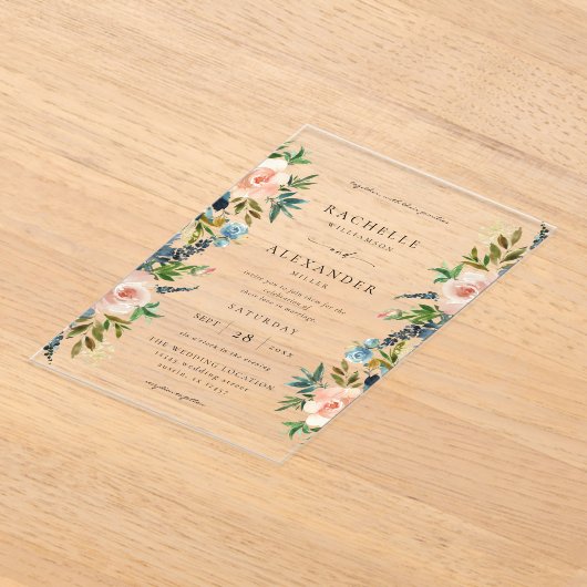 Marine, Stoffelijk Blauw & Roze Bloemen Bruiloft V Acryl Uitnodigingen (Laagn)