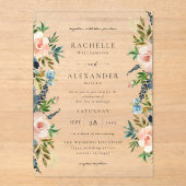 Marine, Stoffelijk Blauw & Roze Bloemen Bruiloft V Acryl Uitnodigingen (Voorkant)