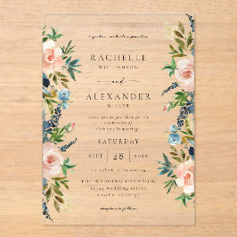 Marine, Stoffelijk Blauw & Roze Bloemen Bruiloft V Acryl Uitnodigingen
