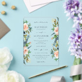 Marine, Stoffelijk Blauw & Roze Bloemen Bruiloft V Acryl Uitnodigingen (Insitu (Huwelijk))