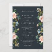 Marine, Stoffelijk Blauw & Roze Bloemen Bruiloft V Kaart (Voorkant)