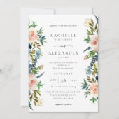 Marine, Stoffelijk Blauw & Roze Bloemen Bruiloft V Kaart (Voorkant)