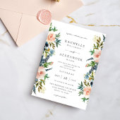 Marine, Stoffelijk Blauw & Roze Bloemen Bruiloft V Kaart