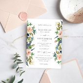 Marine, Stoffelijk Blauw & Roze Bloemen Bruiloft V Kaart