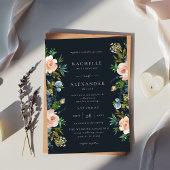 Marine, Stoffelijk Blauw & Roze Bloemen Bruiloft V Kaart