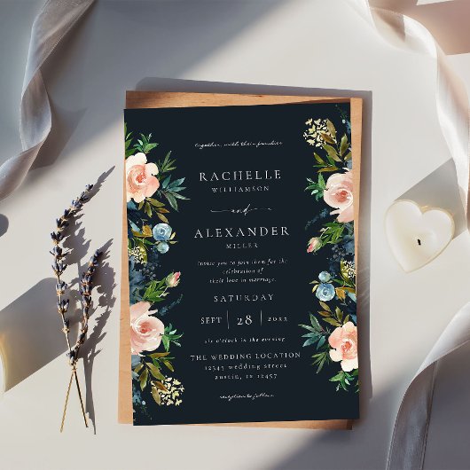 Marine, Stoffelijk Blauw & Roze Bloemen Bruiloft V Kaart